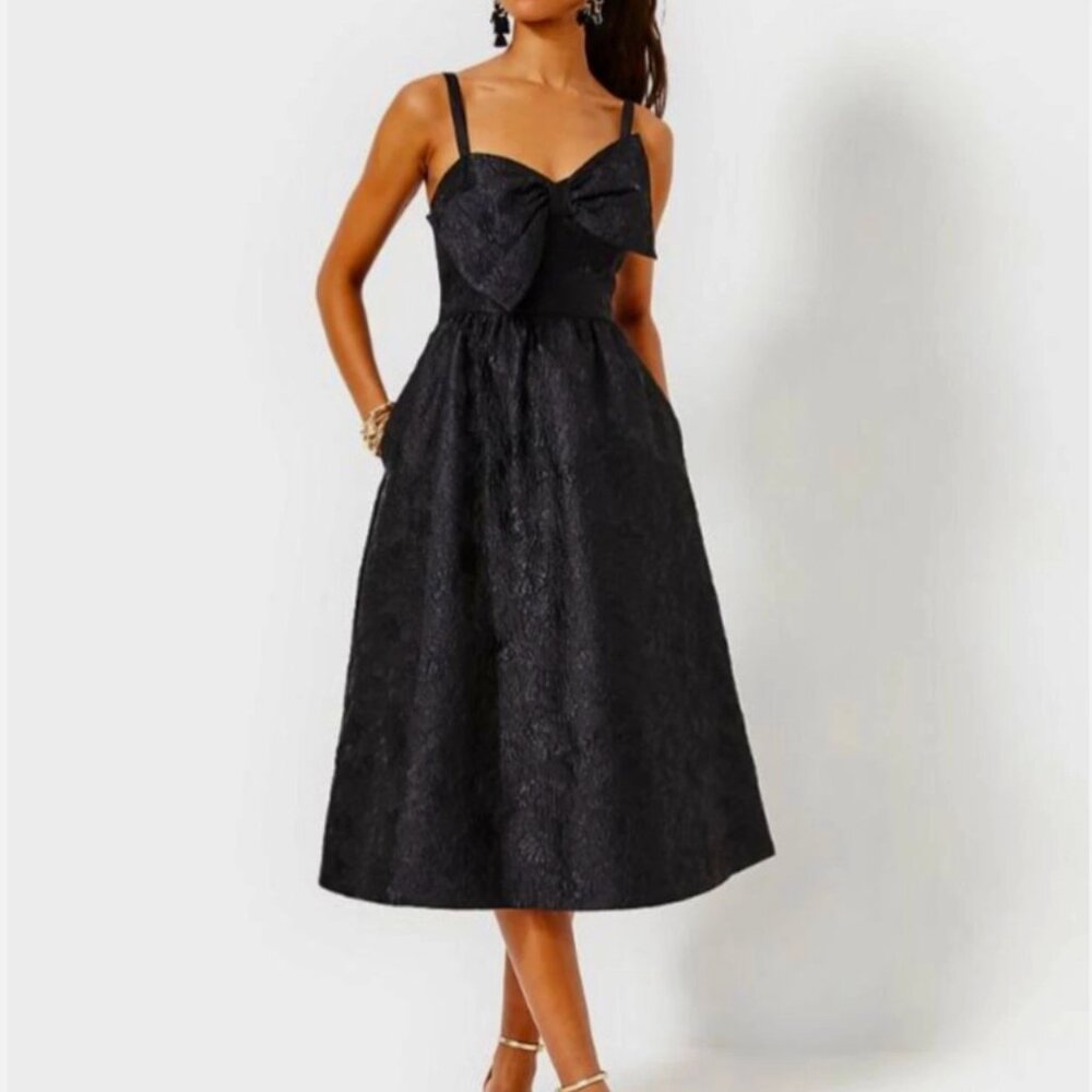 New Lilly Pulitzer Ellara Jacquard Midi Bow Dress Onyx Leaf An Impression Size 4